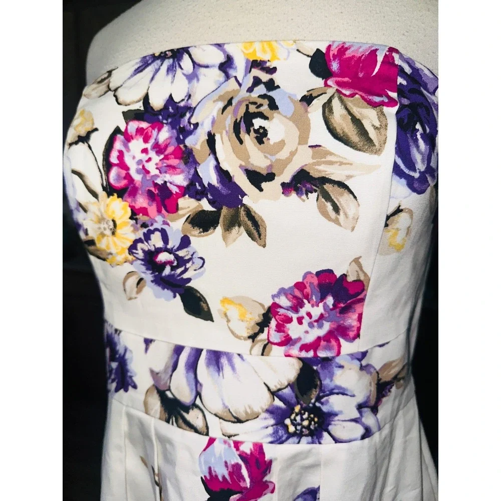 White House Black Market Floral Strapless Dress Purple Pink Cotton Pockets 8 A6
